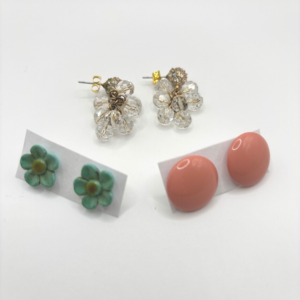 Vintage Style Earring‎ Set 3 Pairs Clear Bead Dangle Pink Stud Teal Flower Studs